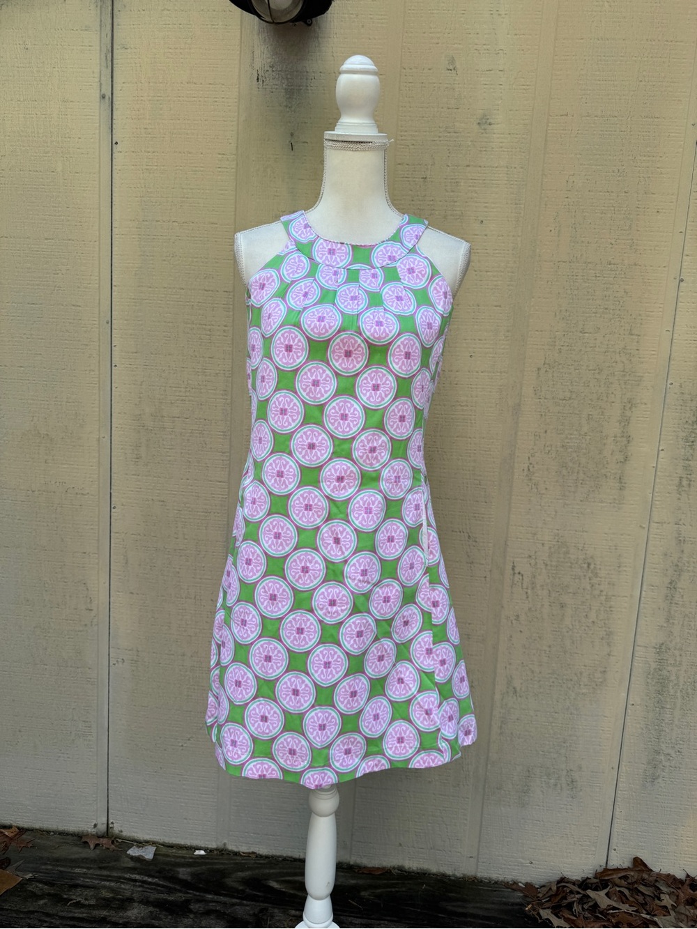 Sleeveless Pink & Green Patterned Mini Dress